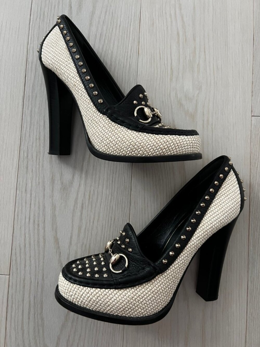 Gucci Horsebit Canvas Leather Studded Pump Heels Shoes ( 9 )